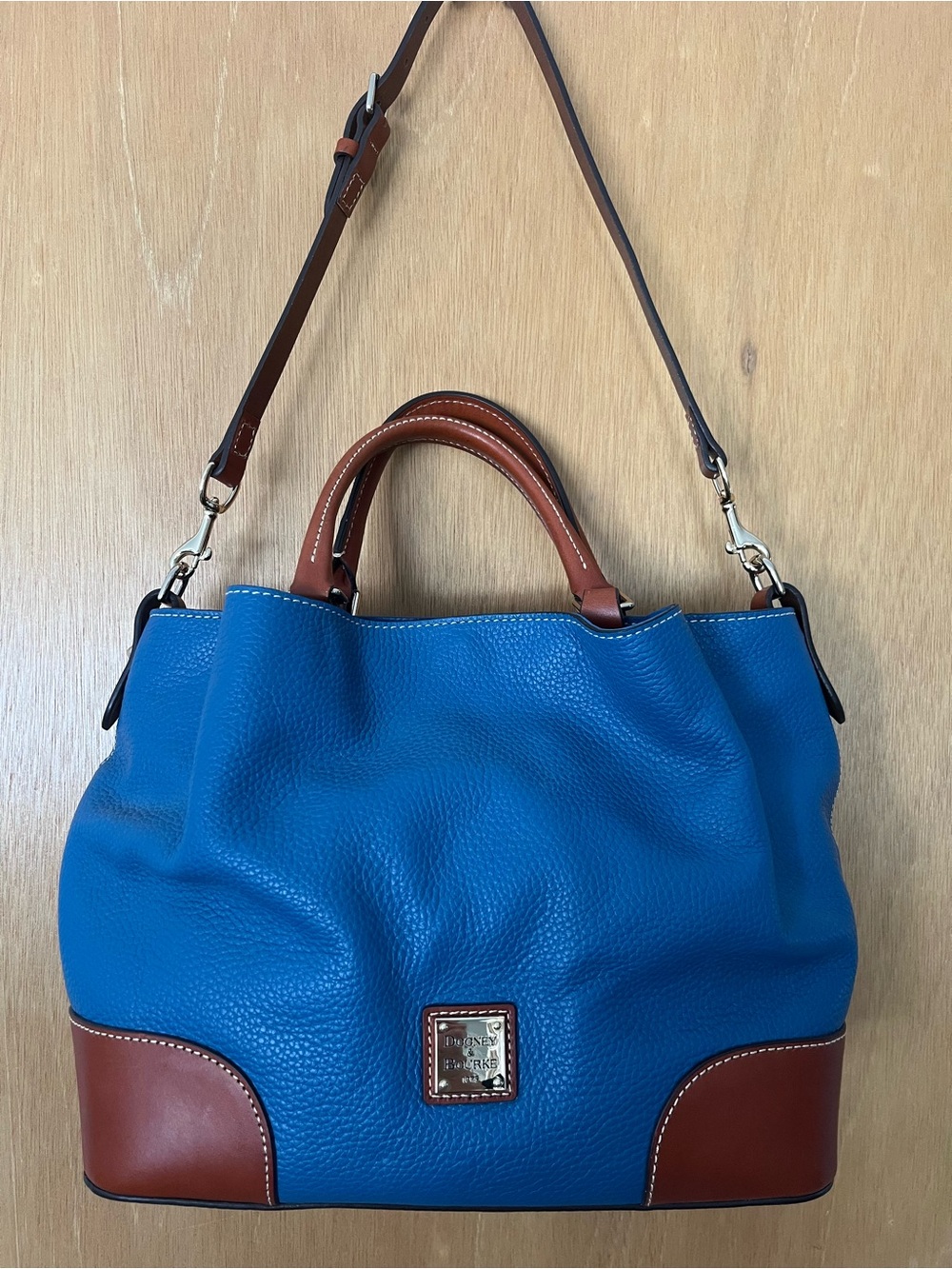 Dooney & Bourke Teal Blue Pebbled Leather Tote with Brown Trim - Picture 3 of 3